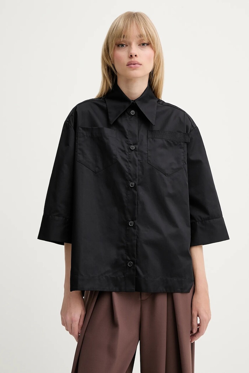 Bavlnená košeľa MMC STUDIO dámska, čierna farba, voľný strih, s klasickým golierom, PAGON.NEO