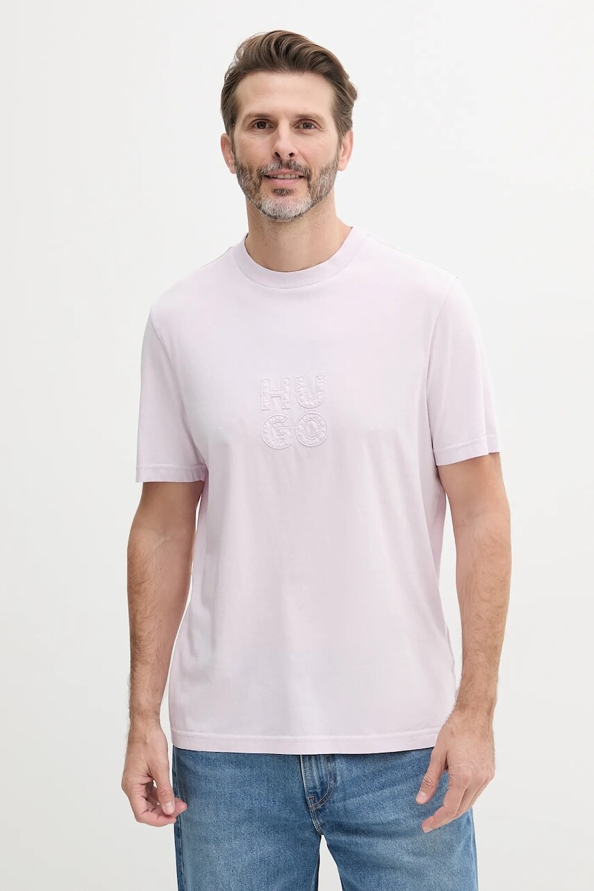 Bavlnené tričko HUGO pánske, ružová farba, s nášivkou, 50535284