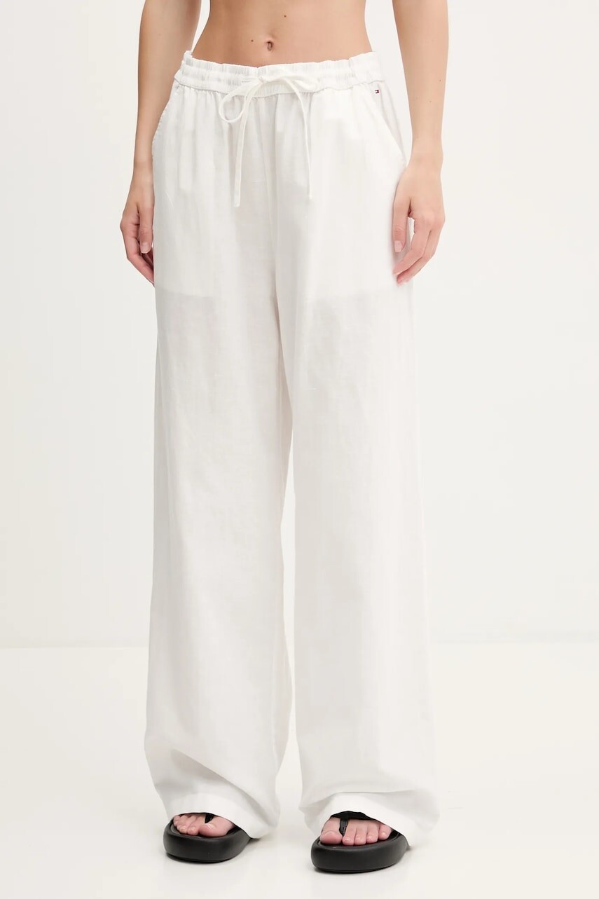 Nohavice s prímesou ľanu Tommy Jeans béžová farba, široké, vysoký pás, DW0DW20352