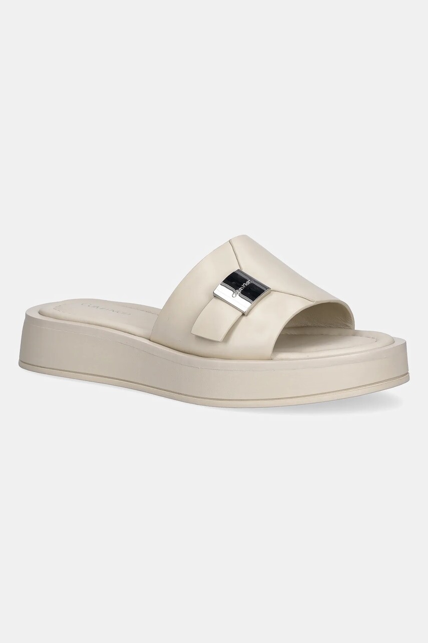 Kožené šľapky Calvin Klein FLATFORM SLIDE W/CK HW - LTH béžová farba, na platforme, HW0HW02368