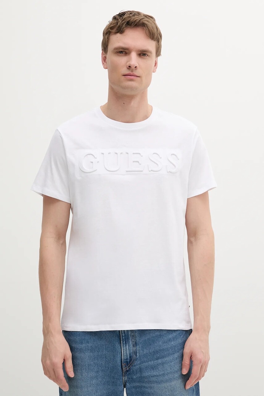 Bavlnené tričko Guess pánske, biela farba, s nášivkou, M4PI0E K8HM4