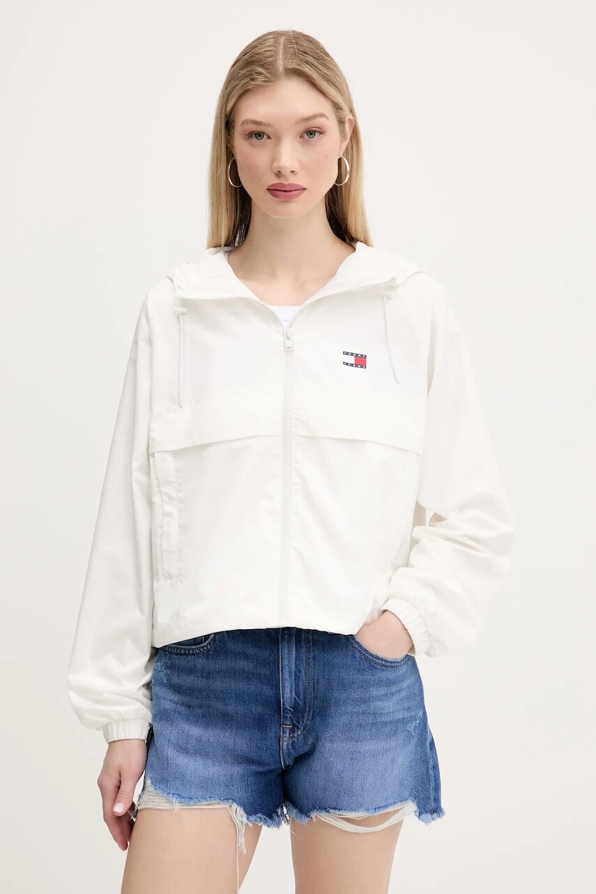 Bunda Tommy Jeans biela farba, prechodná, oversize, DW0DW20672