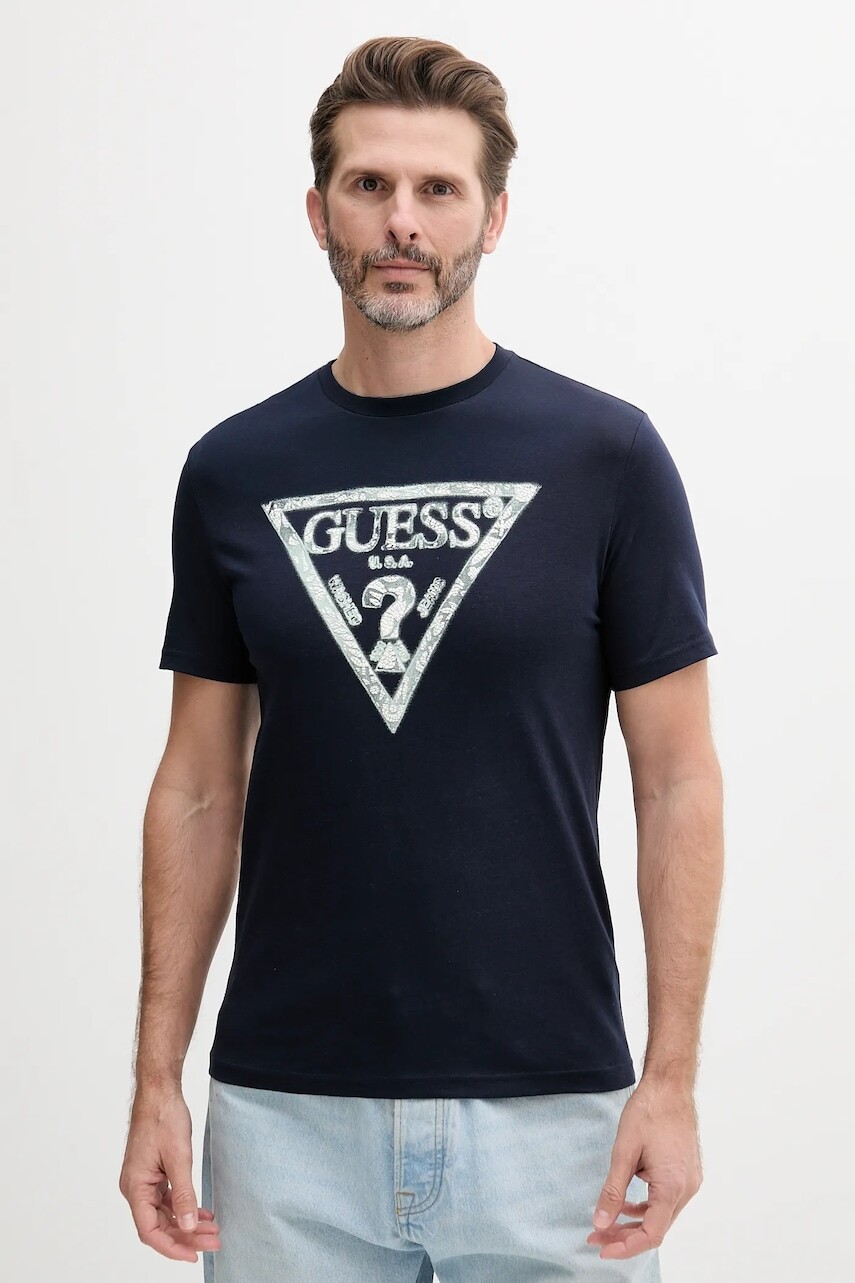 Bavlnené tričko Guess pánske, tmavomodrá farba, s potlačou, M5GI06 I3Z14