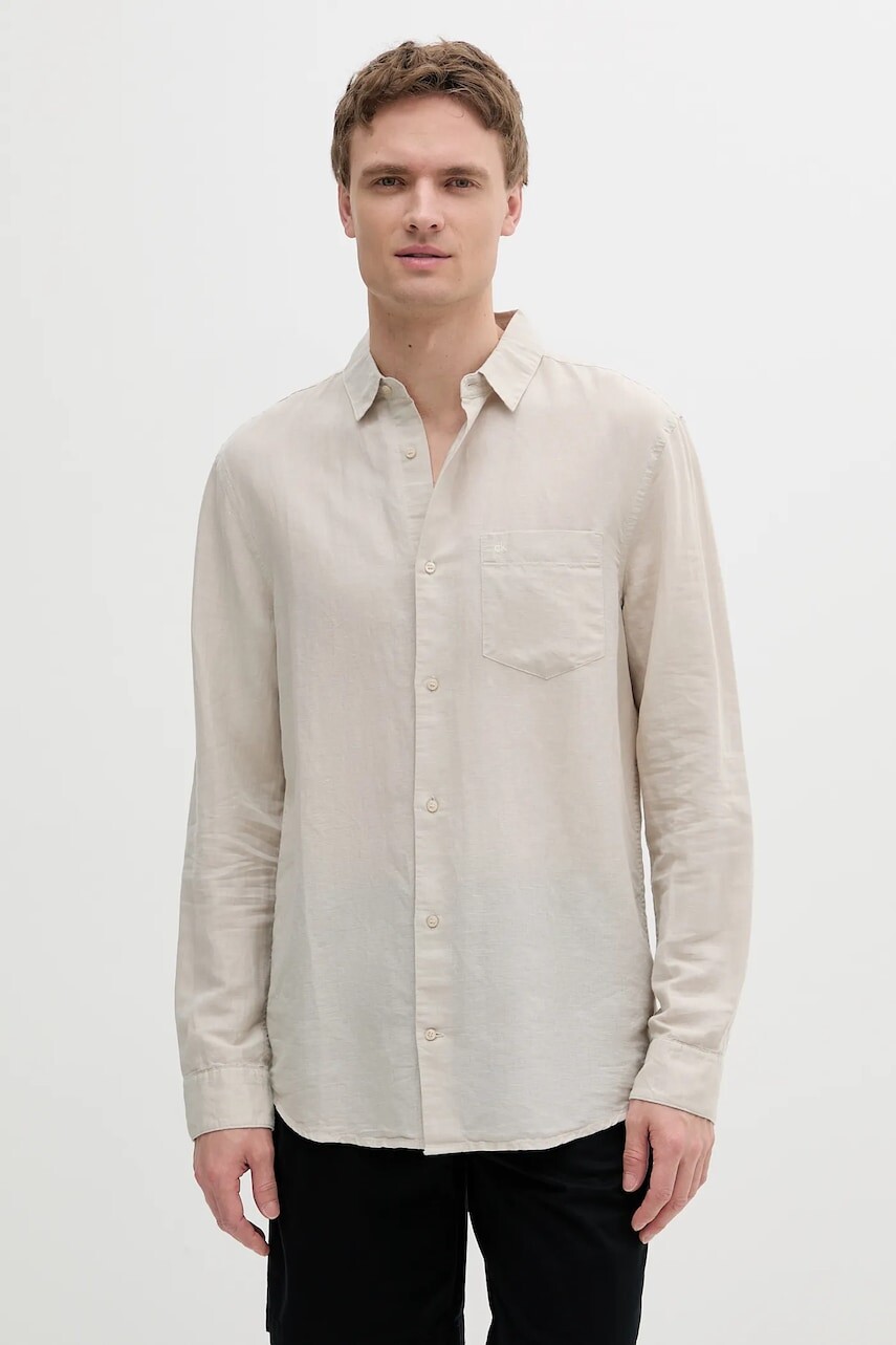 Ľanová košeľa Calvin Klein béžová farba, regular, s klasickým golierom, K10K114488