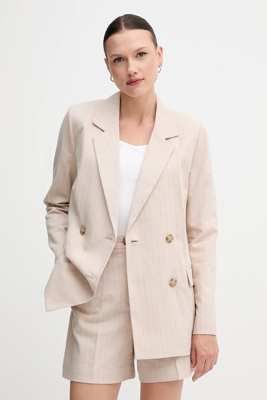 Sako s prímesou ľanu United Colors of Benetton béžová farba, dvojradový, vzorovaná, 29KBDW033