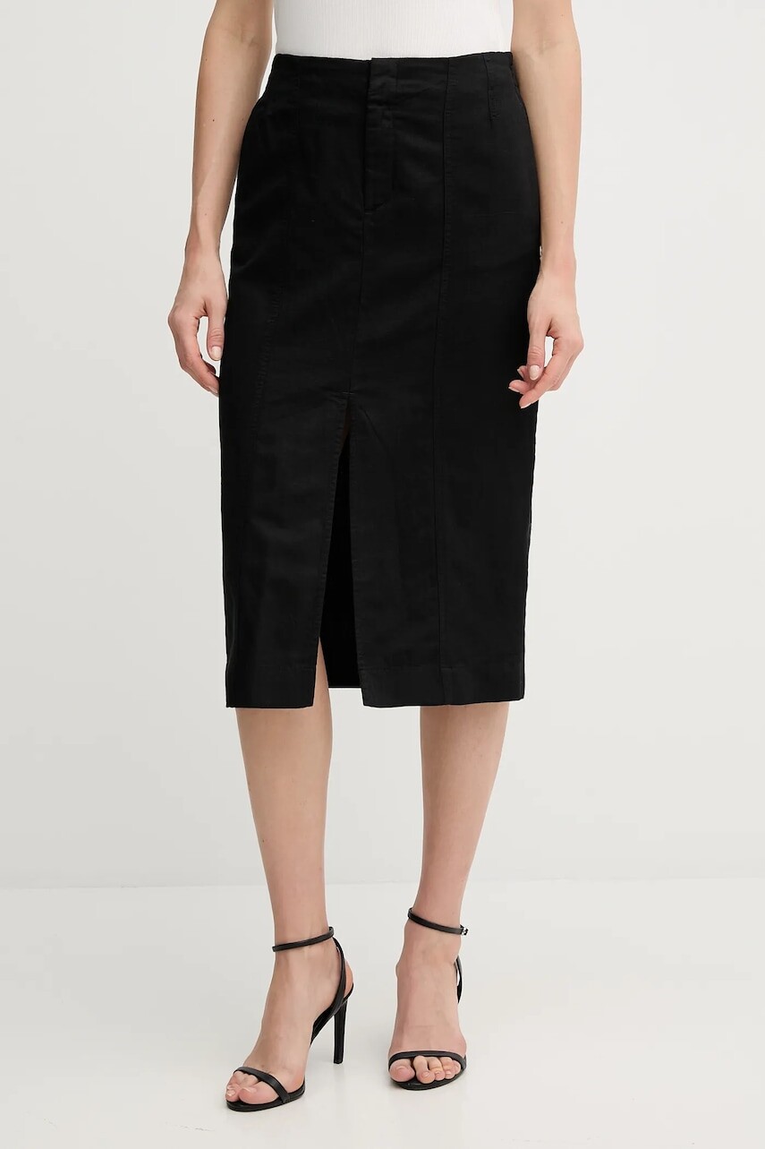 Sukňa s prímesou ľanu Calvin Klein Jeans čierna farba, midi, rovný strih, J20J225327