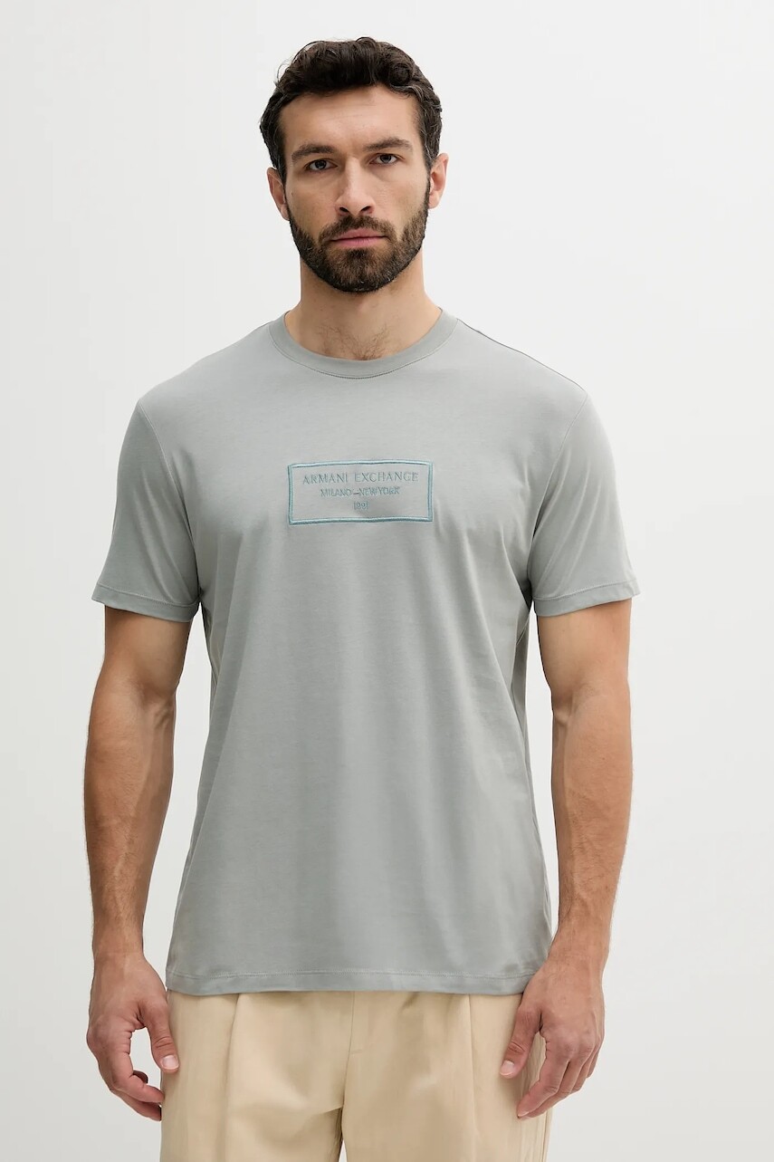 Bavlnené tričko Armani Exchange pánske, zelená farba, s nášivkou, XM000552 AF10356