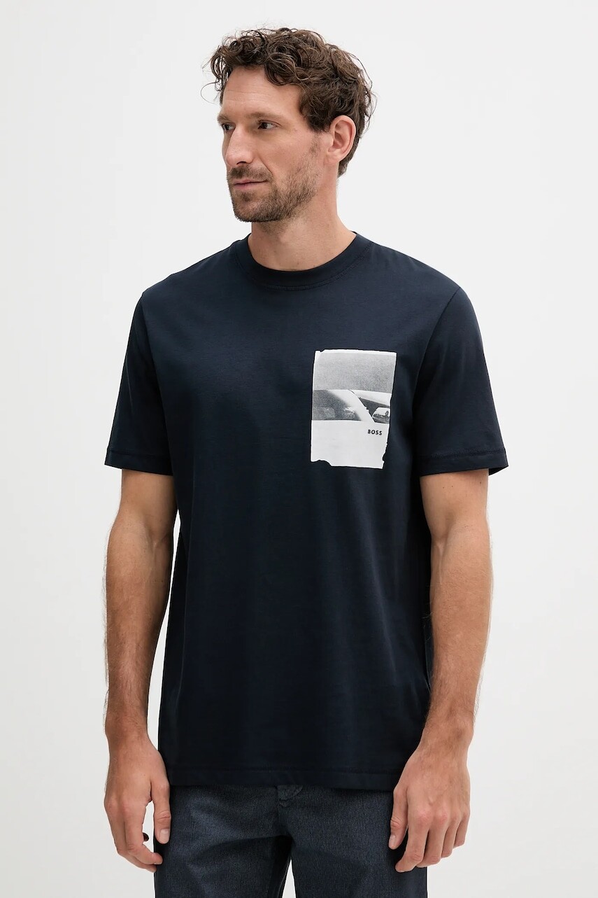 Bavlnené tričko BOSS Orange pánske, tmavomodrá farba, s potlačou, 50546920