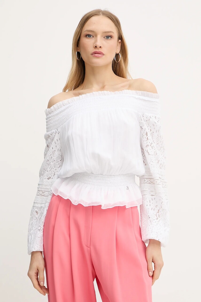 Blúzka s prímesou hodvábu Guess AUDREY biela farba, vzorovaná, W5GH0S WE550