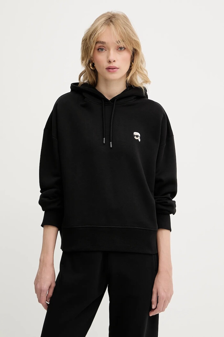 Bavlnená mikina Karl Lagerfeld IKON čierna farba, s kapucňou, melanžová, A3W20053