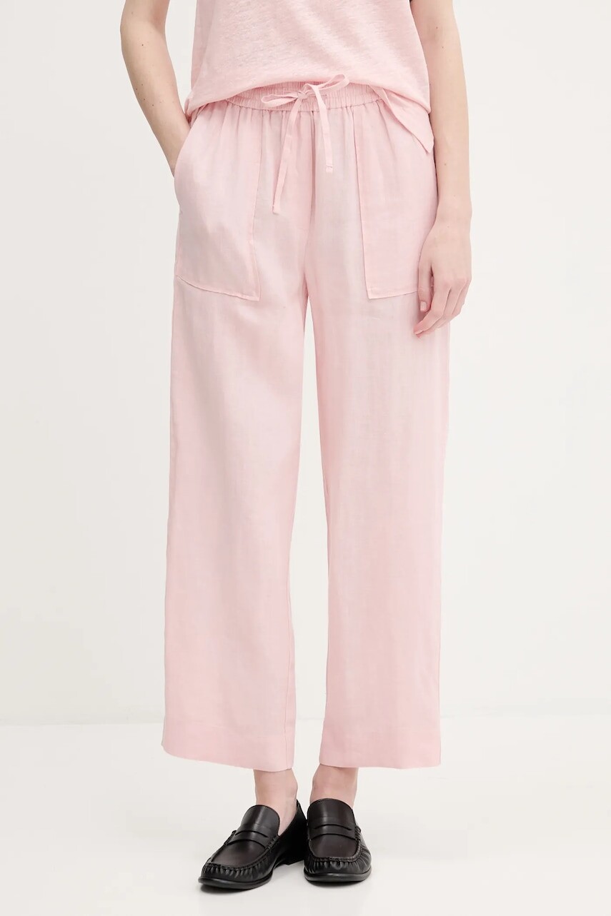 Ľanové nohavice United Colors of Benetton ružová farba, rovný strih, vysoký pás, 4AGHDF08J