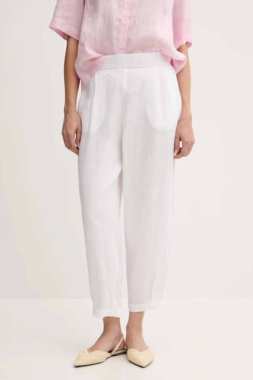 Ľanové nohavice United Colors of Benetton biela farba, široké, vysoký pás, 4AGHDF08L