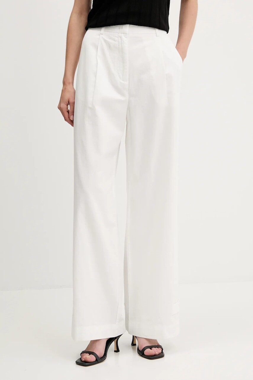Nohavice s prímesou ľanu Sisley biela farba, široké, vysoký pás, 4W7HLF06X