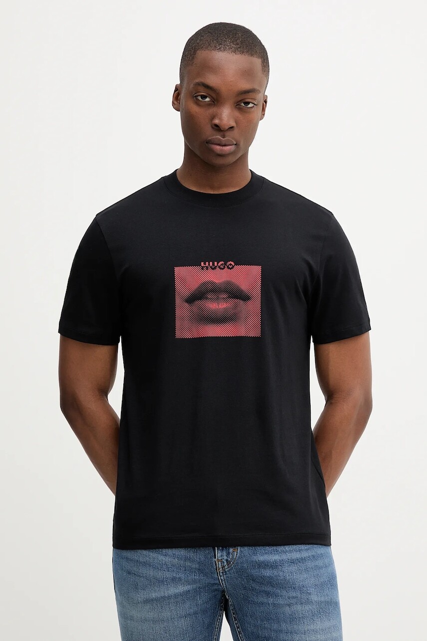 Bavlnené tričko HUGO pánske, čierna farba, s potlačou, 50544496