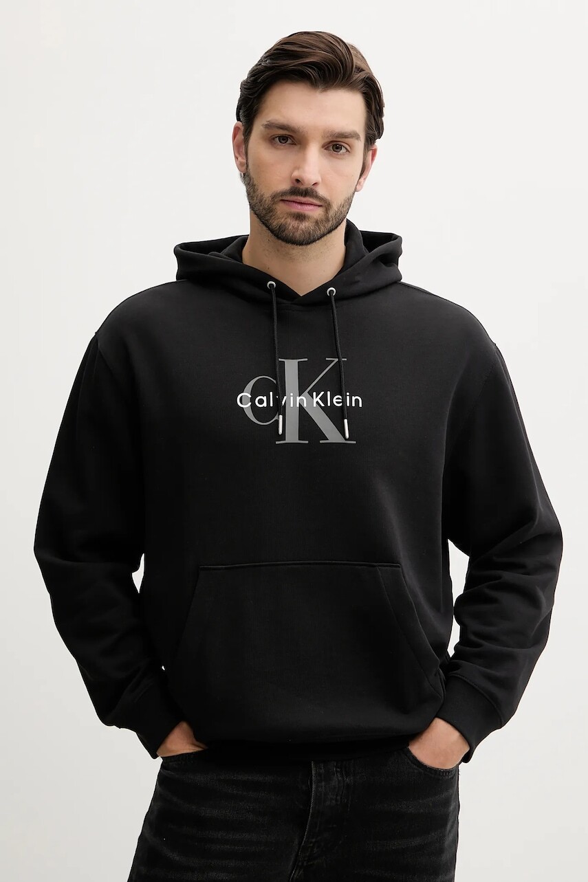 Mikina Calvin Klein Jeans čierna farba, s kapucňou, s potlačou, LV04RC282G