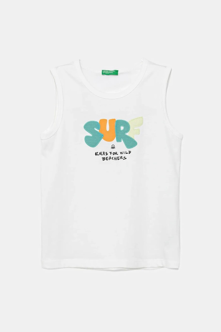 Detský bavlnený top United Colors of Benetton biela farba, s nášivkou, 3I1XGH014