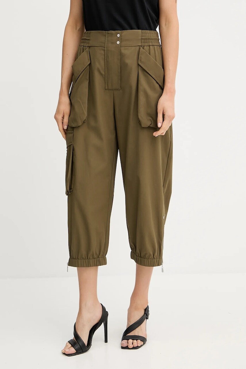 Bavlnené nohavice Pinko zelená farba, rovný strih, vysoký pás, 104704 A2ER