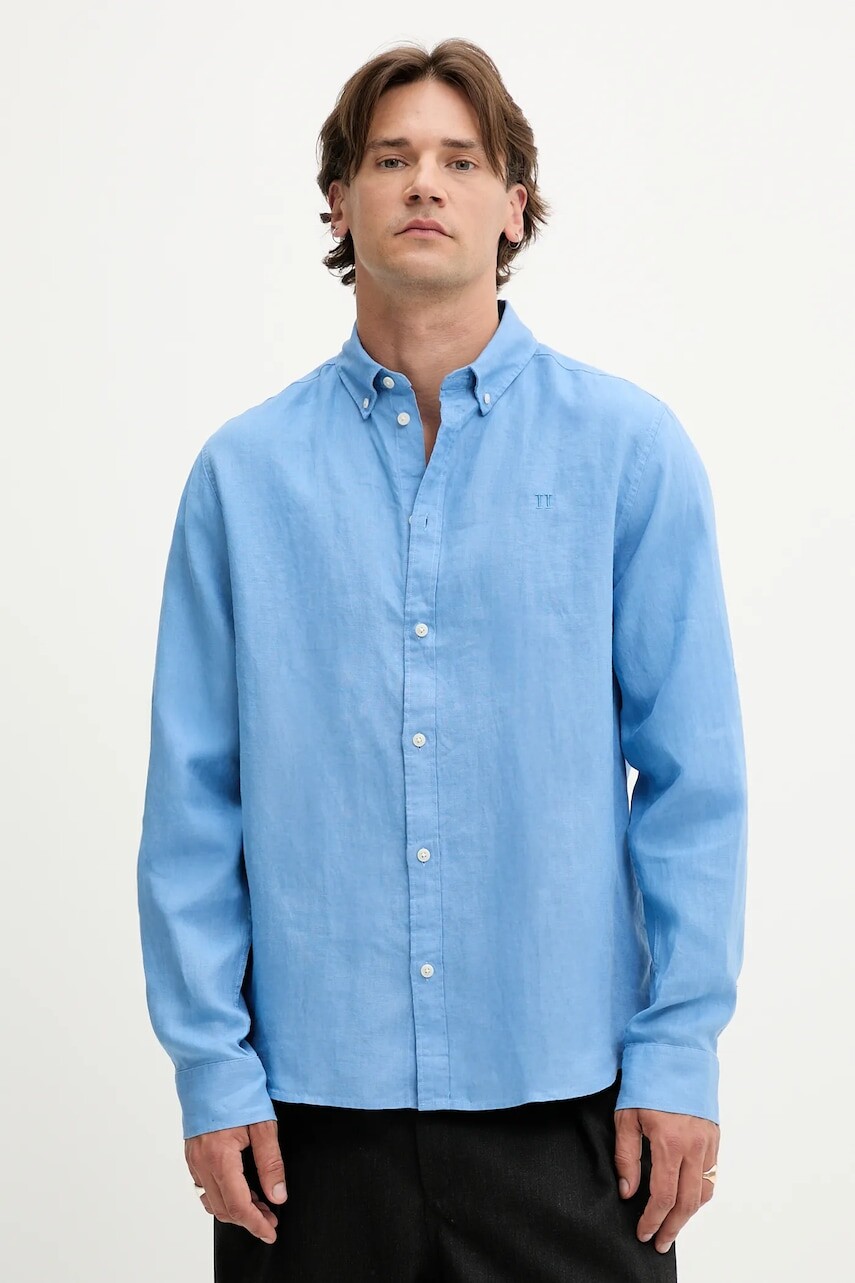 Ľanová košeľa Les Deux Konrad fialová farba, regular, s golierom button-down, 1000001