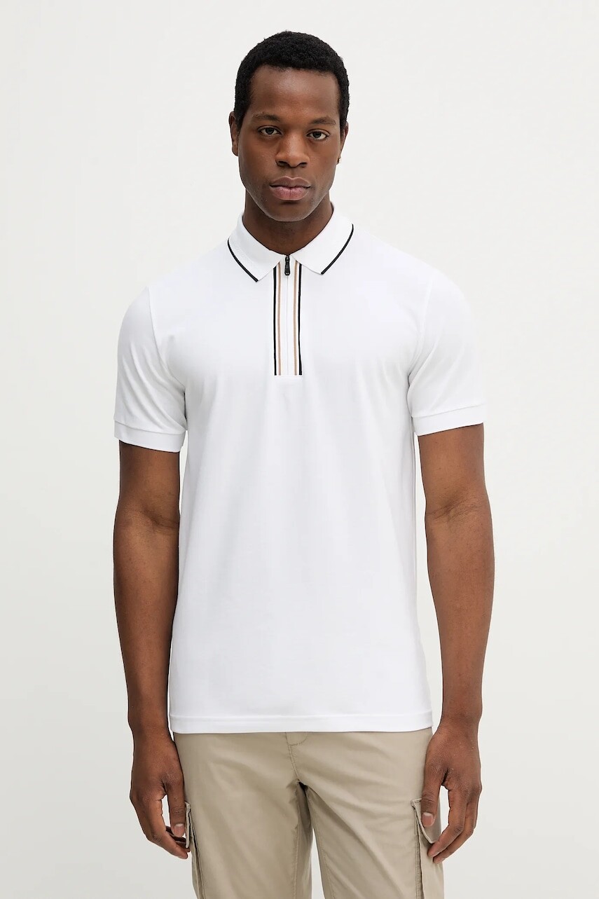 Polo tričko BOSS Green pánske, biela farba, s nášivkou, 50544450