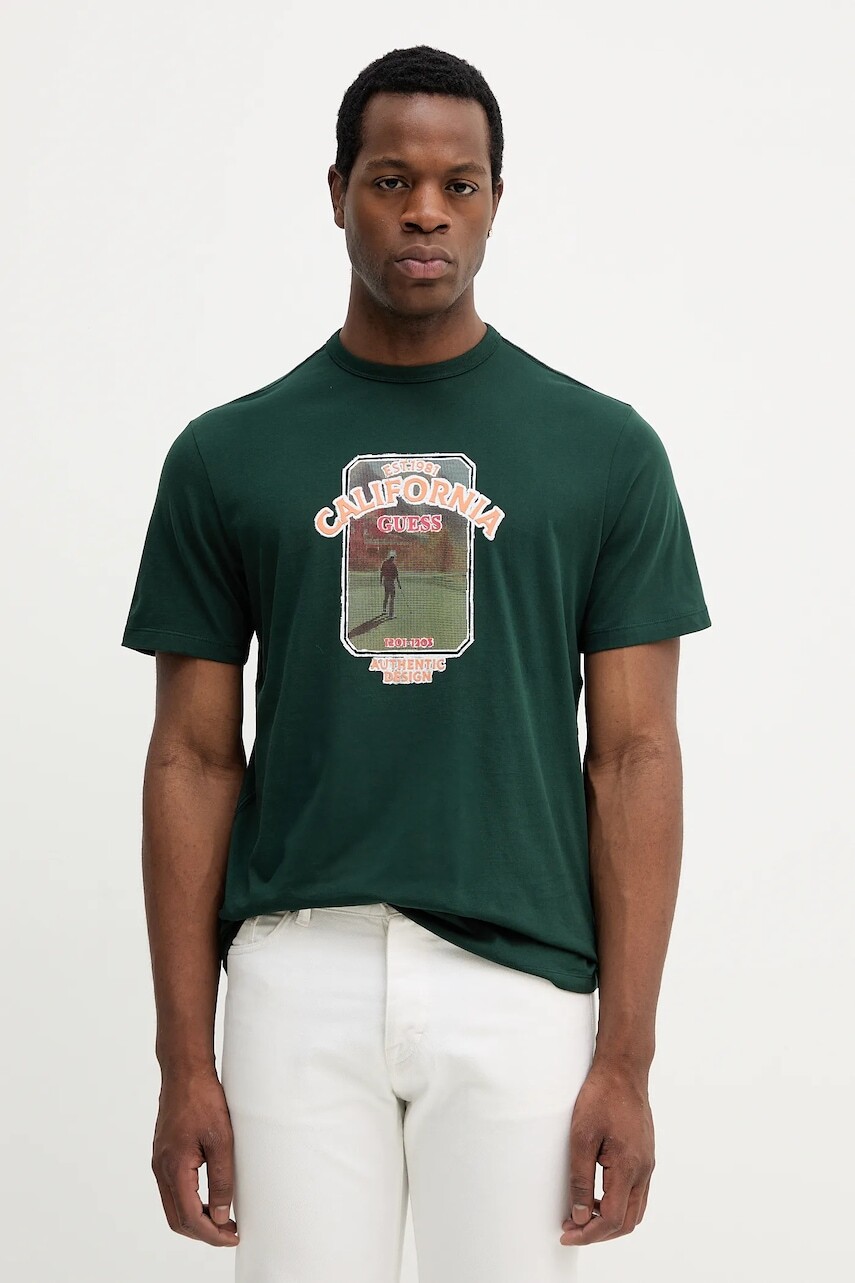 Bavlnené tričko Guess PANORAMA pánske, zelená farba, s nášivkou, M5YI18 I3Z14