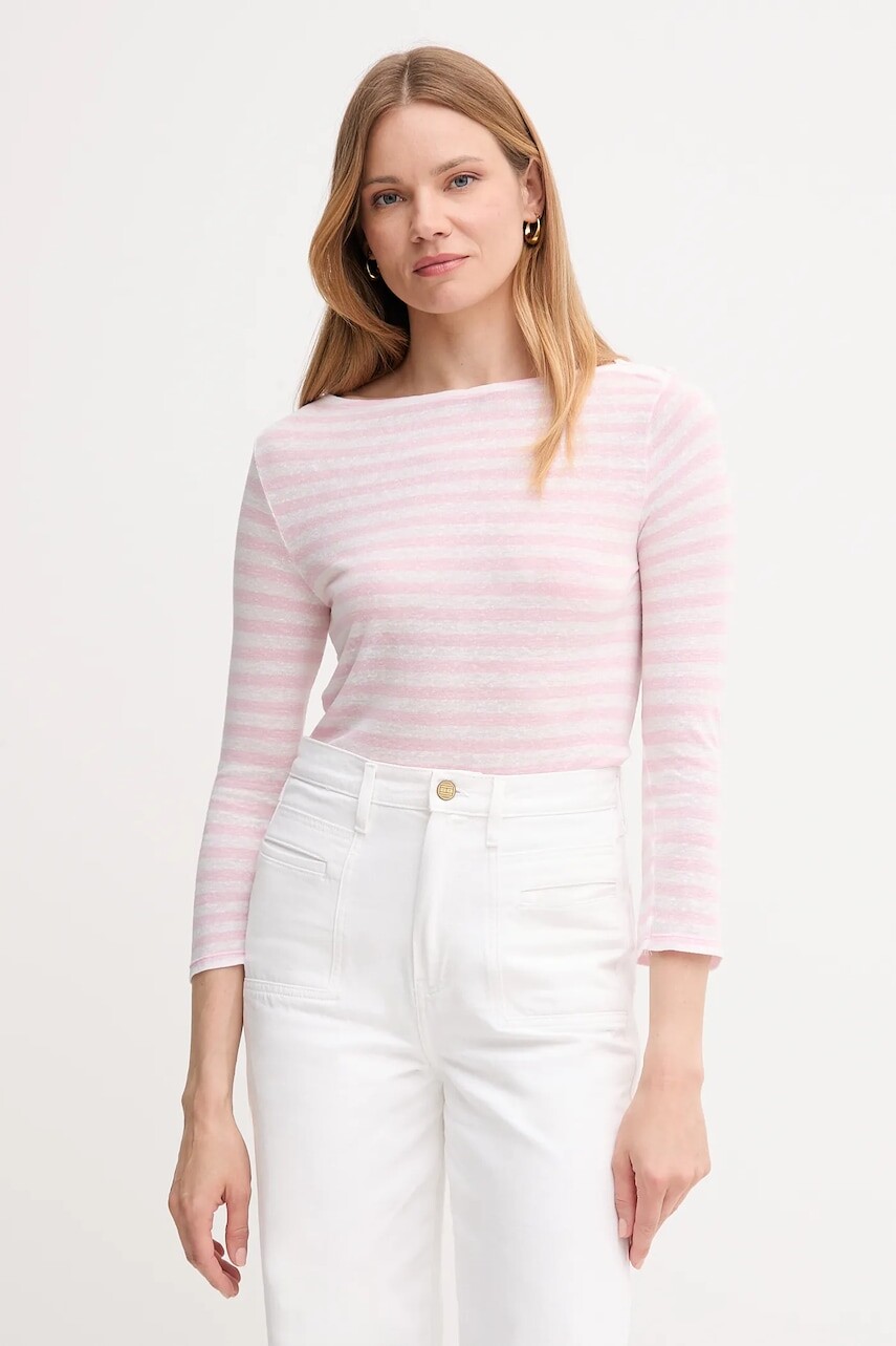 Tričko s dlhým rukávom s prímesou ľanu United Colors of Benetton ružová farba, 38O0D109X