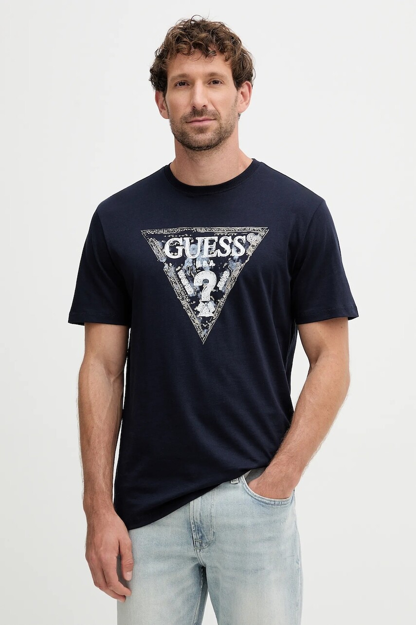 Bavlnené tričko Guess pánske, tmavomodrá farba, s potlačou, M5YI15 I3Z14