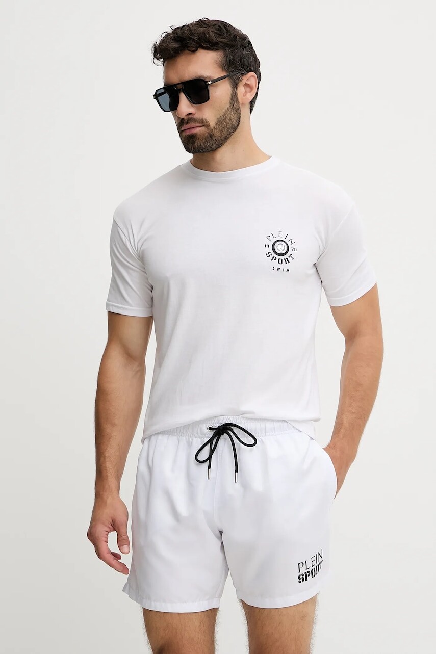 Bavlnené tričko PLEIN SPORT pánske, biela farba, s nášivkou, PS25MTS09