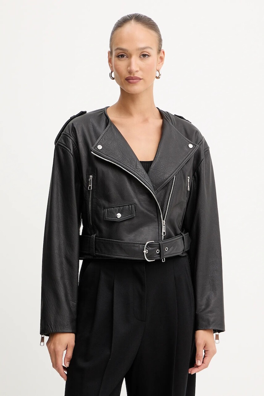 Kožená bunda BOSS Orange bordová farba, prechodná, 50543026