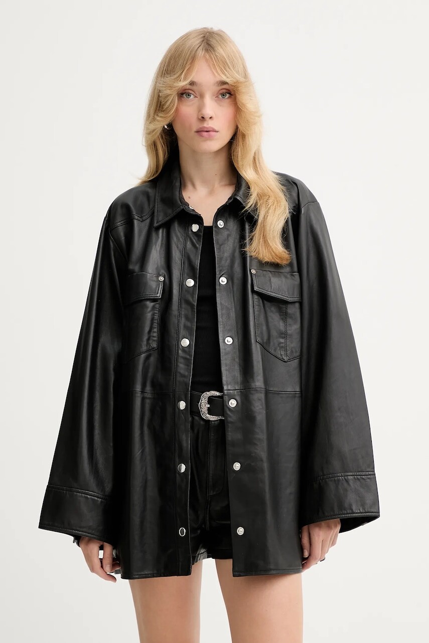 Kožená košeľa Gestuz čierna farba, voľný strih, s klasickým golierom, 10910553