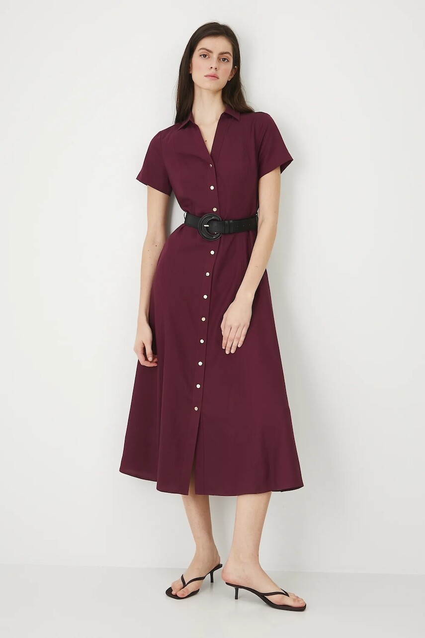 Šaty s prímesou ľanu Medicine bordová farba, midi, áčkový strih