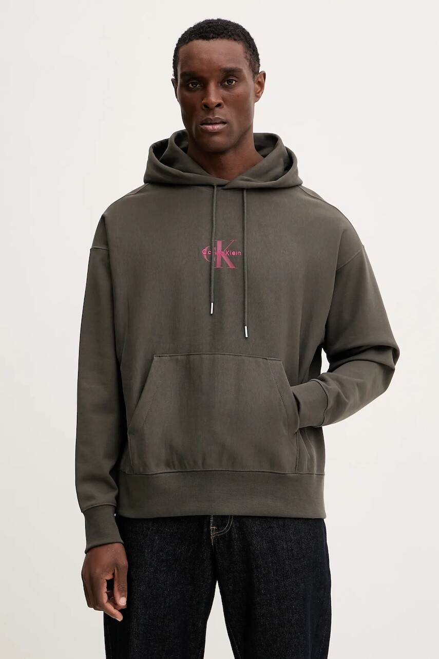 Mikina Calvin Klein Jeans hnedá farba, s kapucňou, s potlačou, LV04RC281G