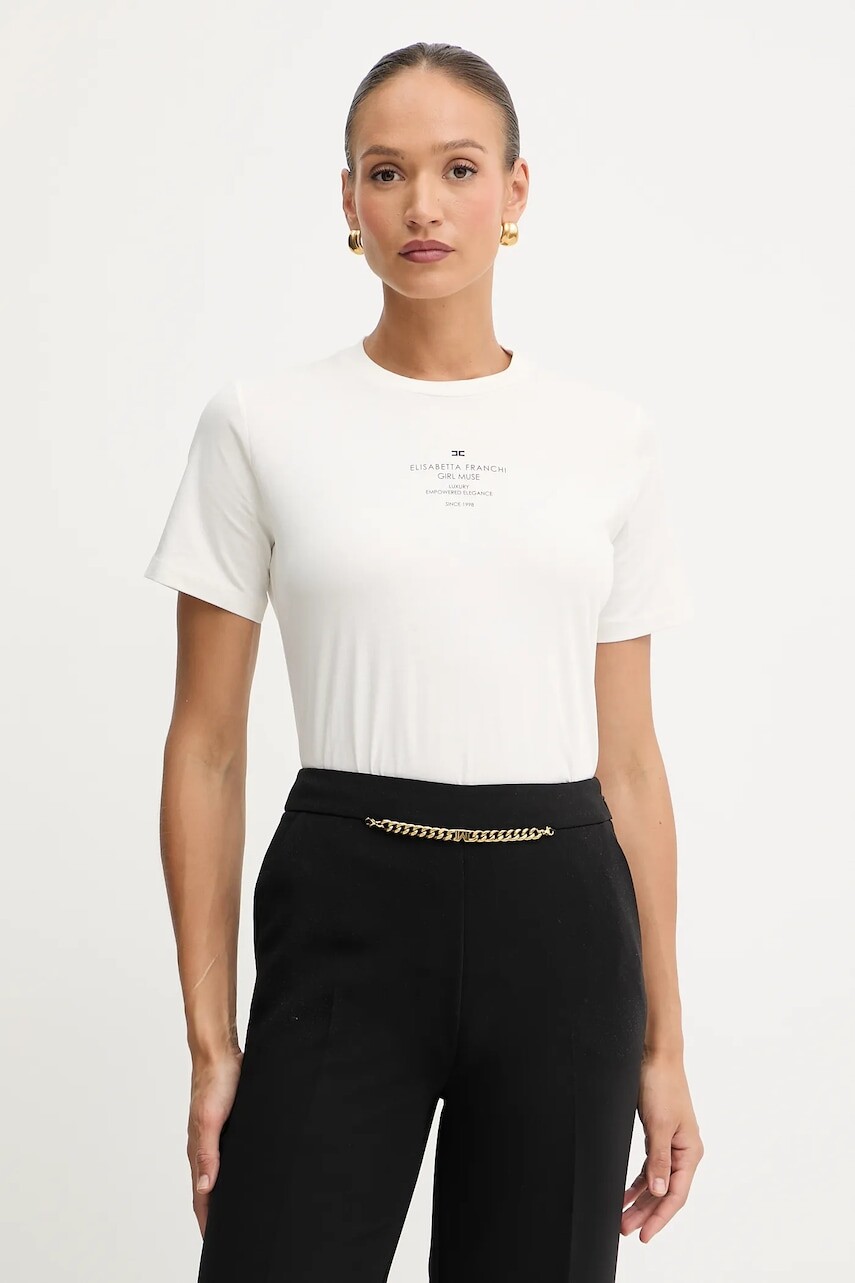 Bavlnené tričko Elisabetta Franchi dámske, béžová farba, MA63D56E2
