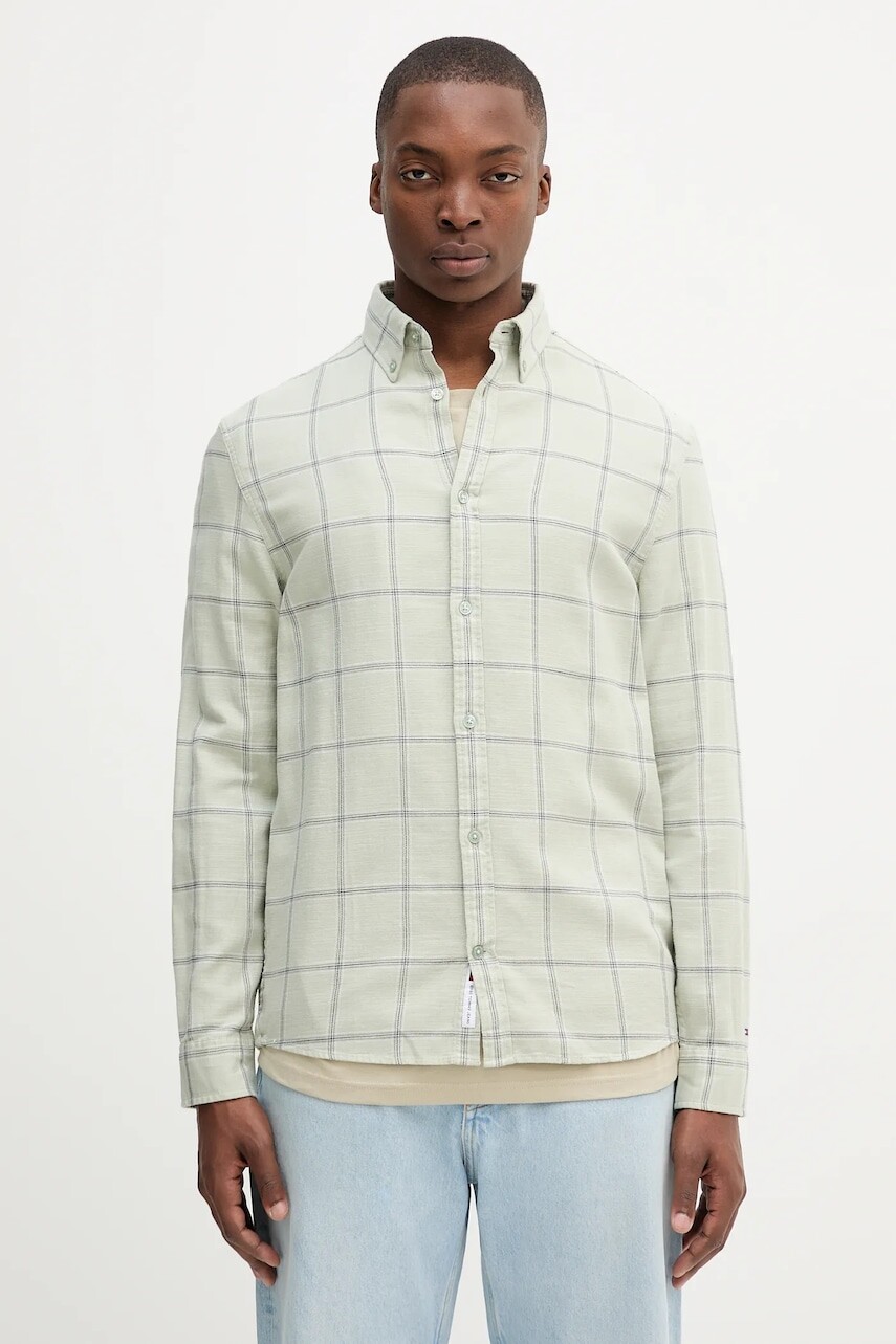Bavlnená košeľa Tommy Jeans zelená farba, regular, DM0DM21701