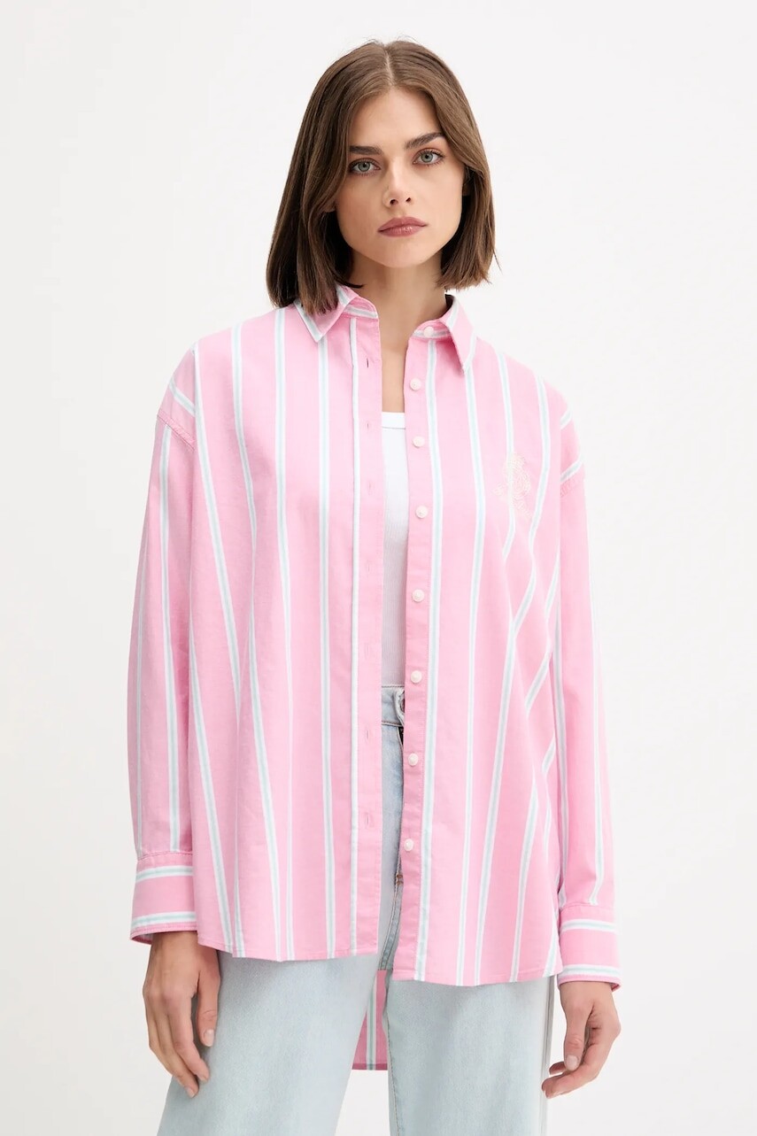 Bavlnená košeľa Guess Jeans ružová farba, voľný strih, s klasickým golierom, W5YH98 WHFL1