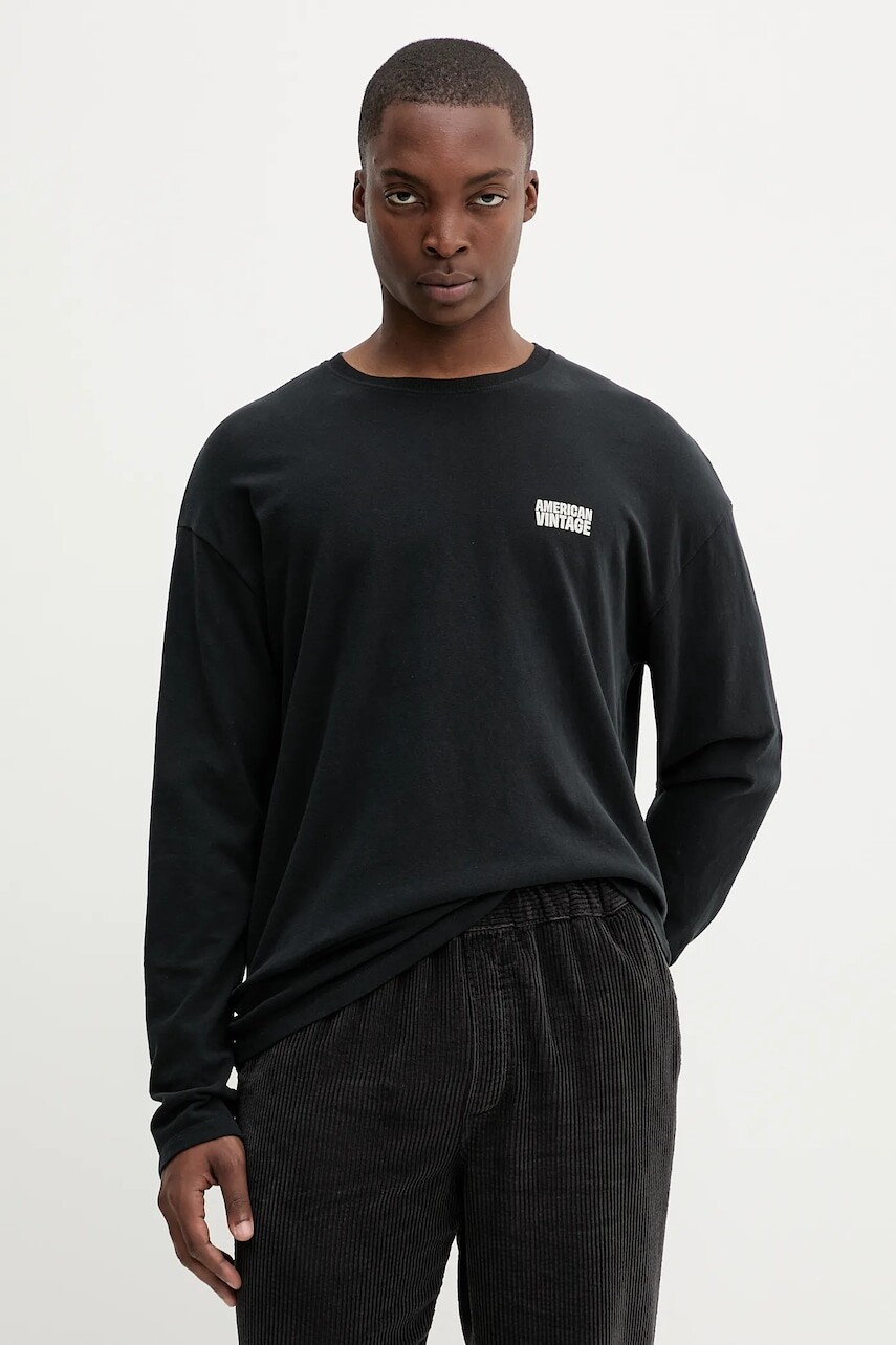 Bavlnené tričko s dlhým rukávom American Vintage čierna farba, s potlačou, MYKO02B