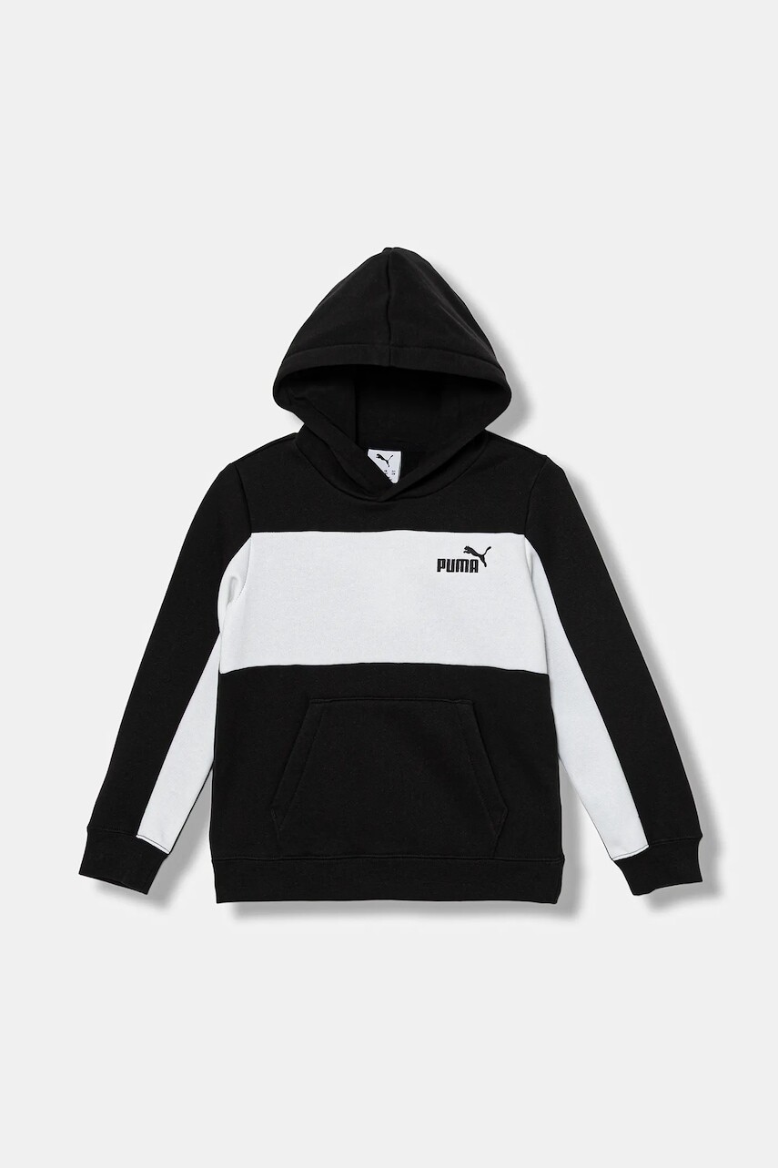 Detská mikina Puma ESS BLOCK Small Logo Hoodie FL B čierna farba, s kapucňou, vzorovaná, 690784