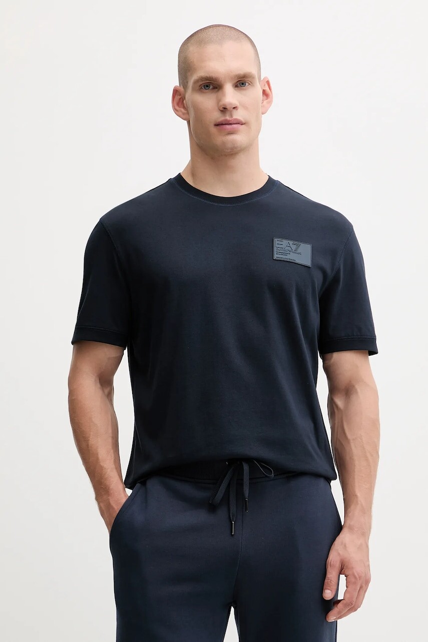 Bavlnené tričko EA7 Emporio Armani pánske, tmavomodrá farba, s nášivkou, AF13741.7X000127