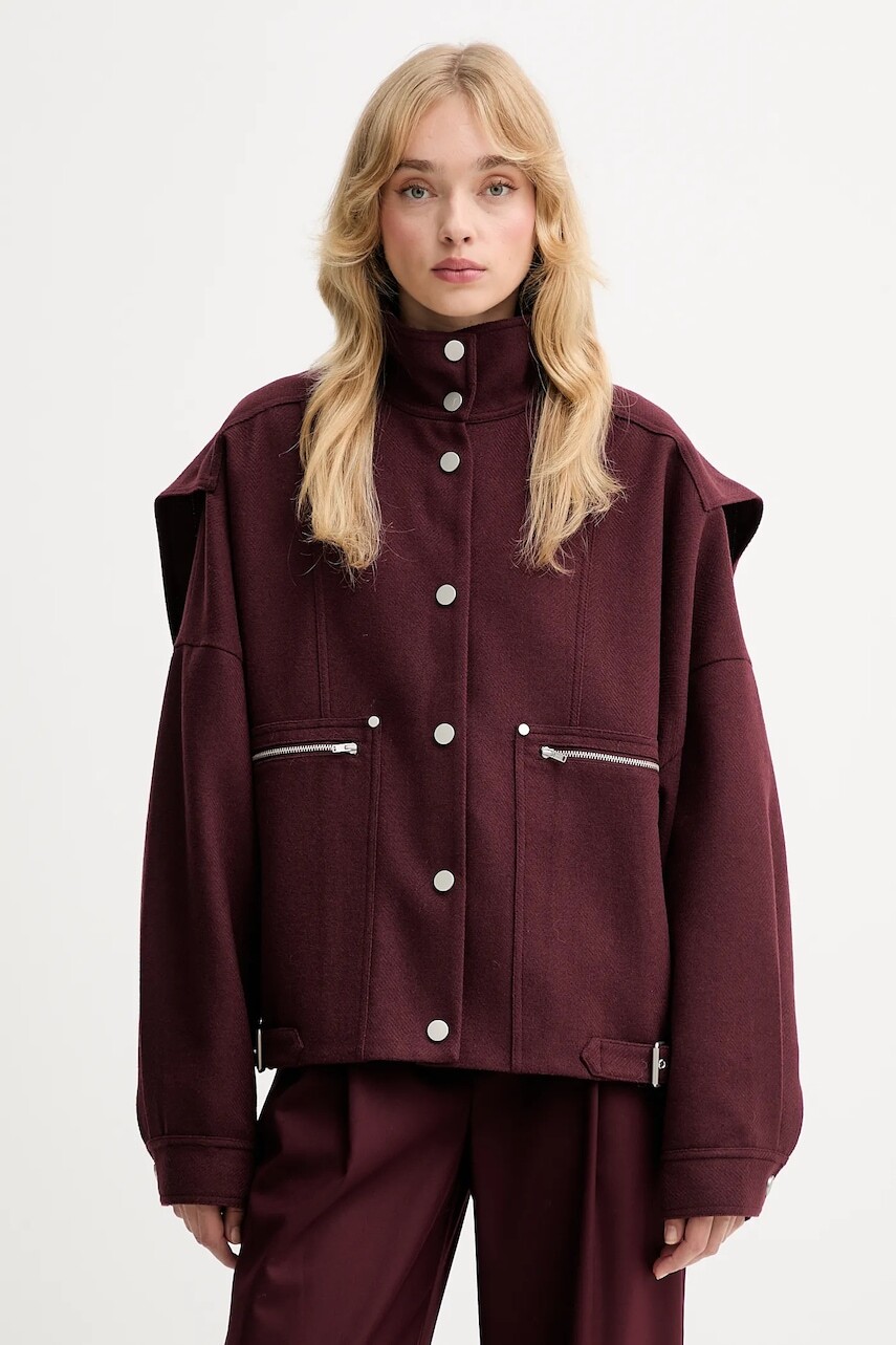 Bunda s prímesou vlny Gestuz bordová farba, prechodná, oversize, 10910610