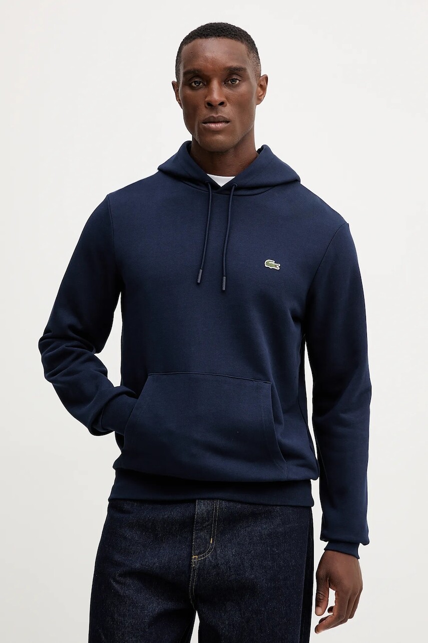 Bavlnená mikina Lacoste tmavomodrá farba, s kapucňou, jednofarebná, SH9839