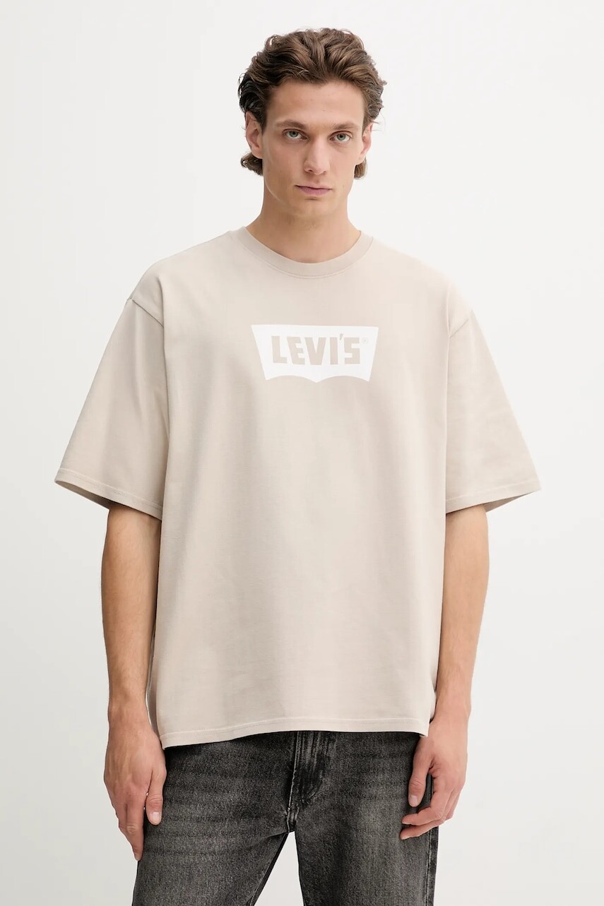 Bavlnené tričko Levi's pánske, béžová farba, s potlačou, A5805