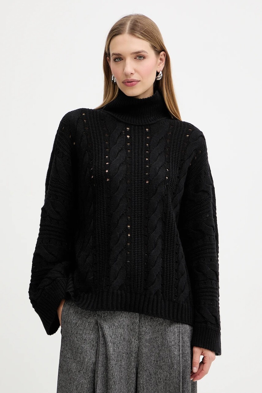 Vlnený sveter Twinset čierna farba, teplý, s rolákom, 252TT3101