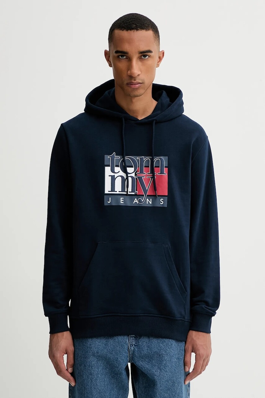 Bavlnená mikina Tommy Jeans tmavomodrá farba, s kapucňou, s potlačou, DM0DM22092