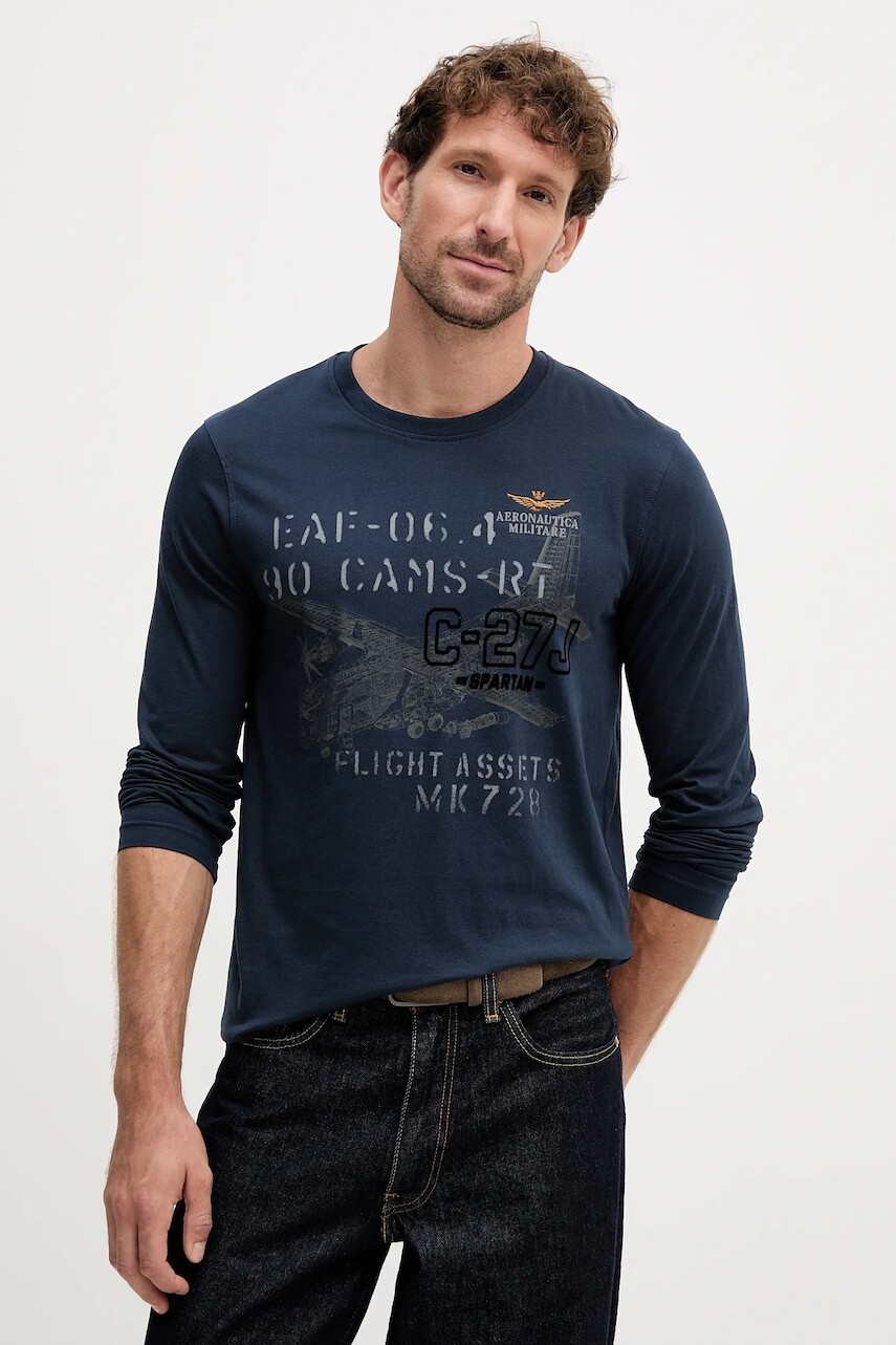 Bavlnené tričko s dlhým rukávom Aeronautica Militare tmavomodrá farba, vzorované, TS2475UJ00641