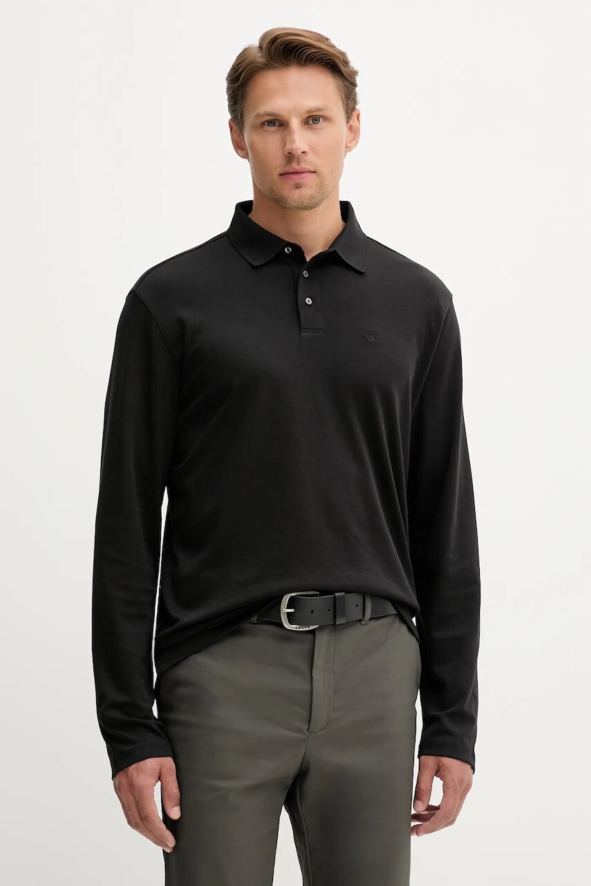 Bavlnené tričko s dlhým rukávom Calvin Klein čierna farba, jednofarebné, LV040EM909