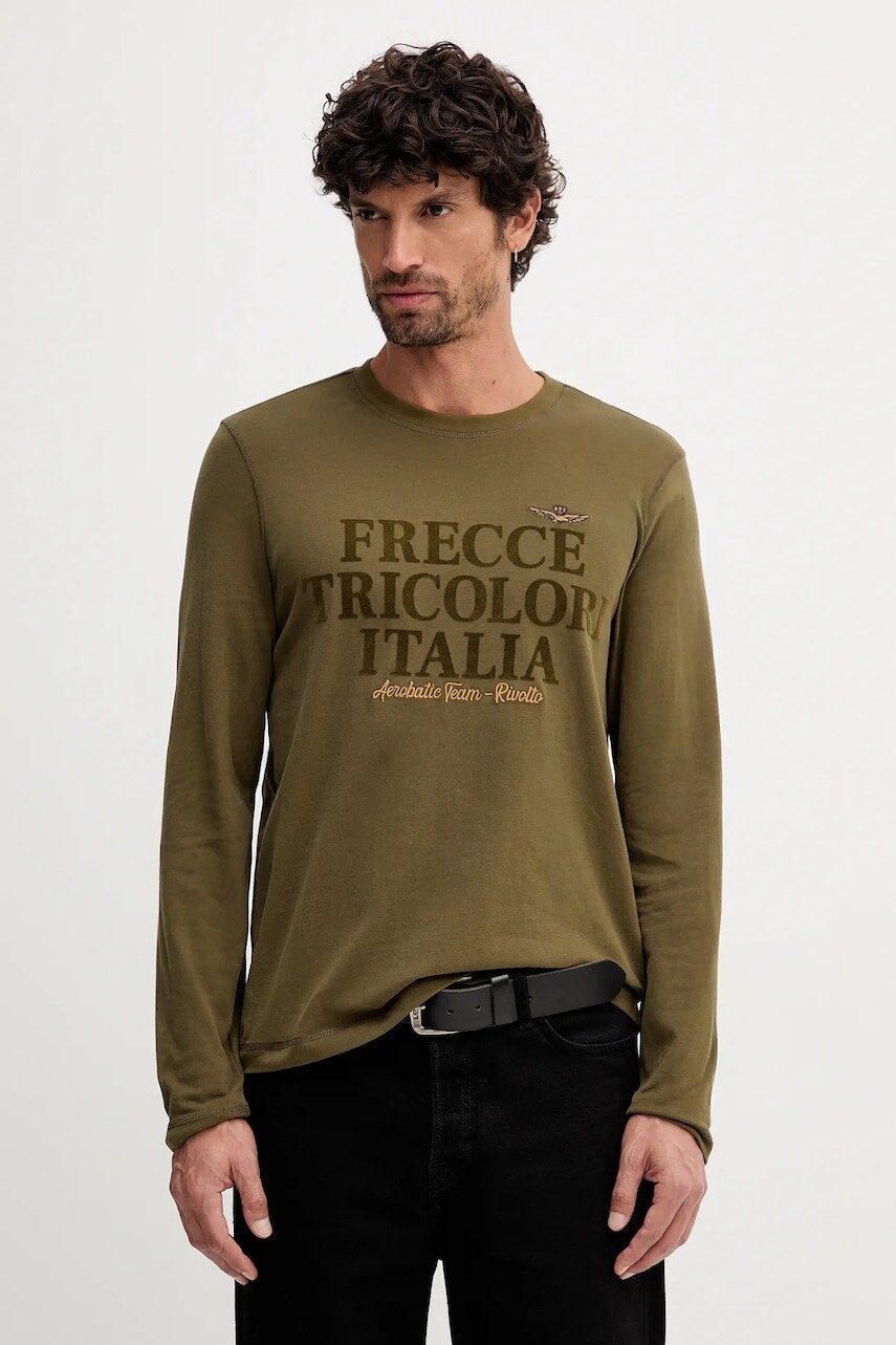 Bavlnené tričko s dlhým rukávom Aeronautica Militare zelená farba, s potlačou, TS2469UJ00703