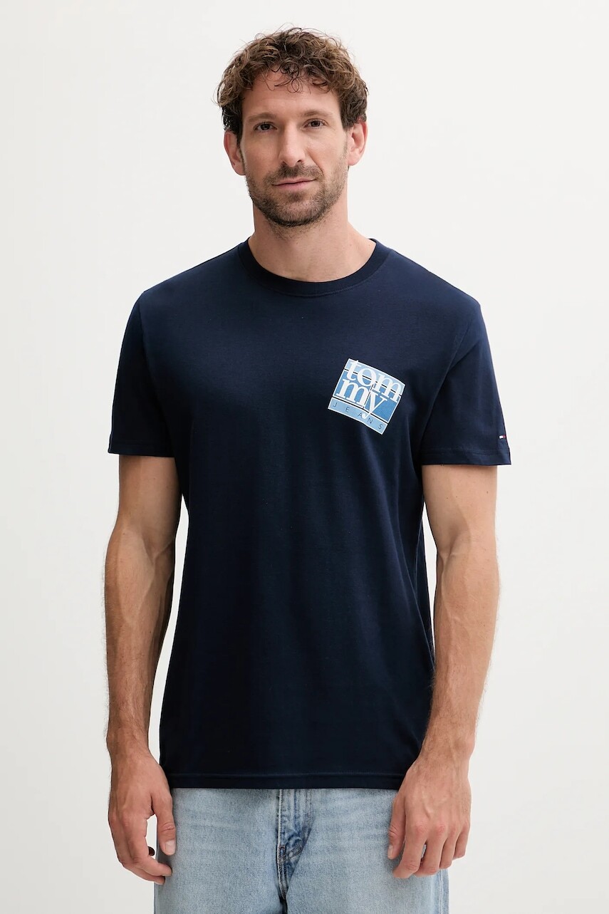 Bavlnené tričko Tommy Jeans pánske, tmavomodrá farba, s potlačou, DM0DM22127