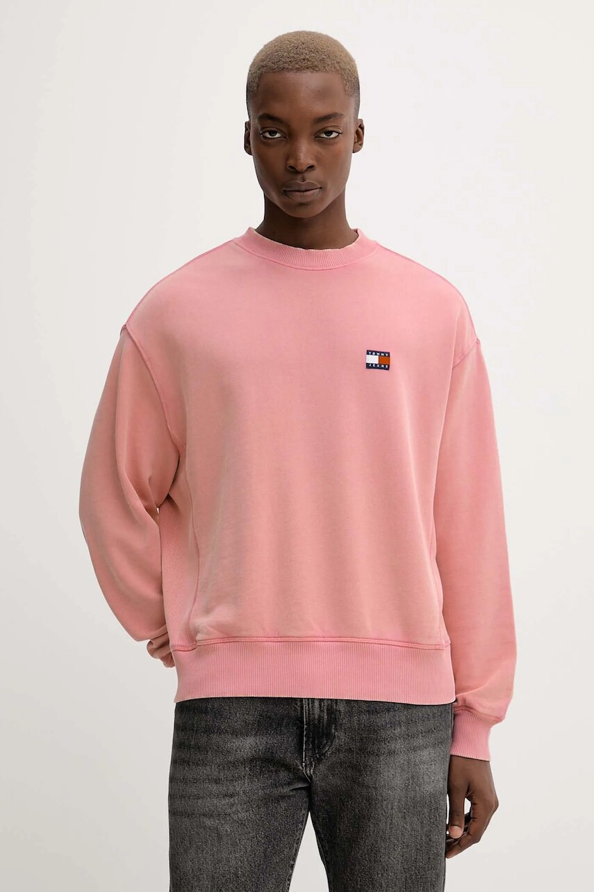 Bavlnená mikina Tommy Jeans ružová farba, s nášivkou, DM0DM22079