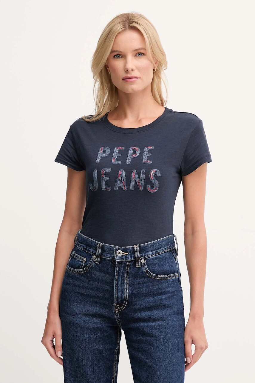 Bavlnené tričko Pepe Jeans dámske, tmavomodrá farba, PL5000045