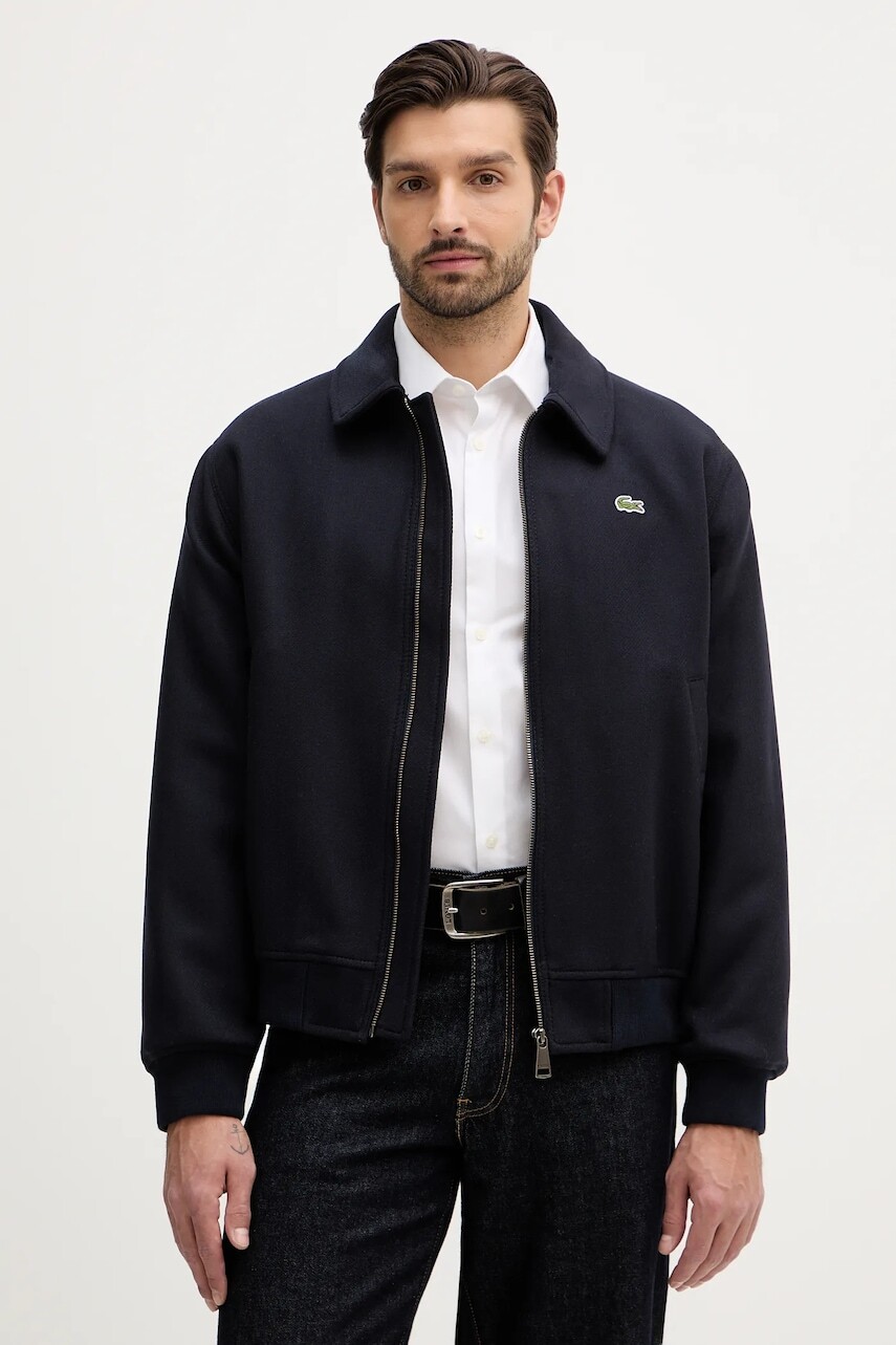 Vlnená bunda Lacoste tmavomodrá farba, prechodná, oversize, BH2888