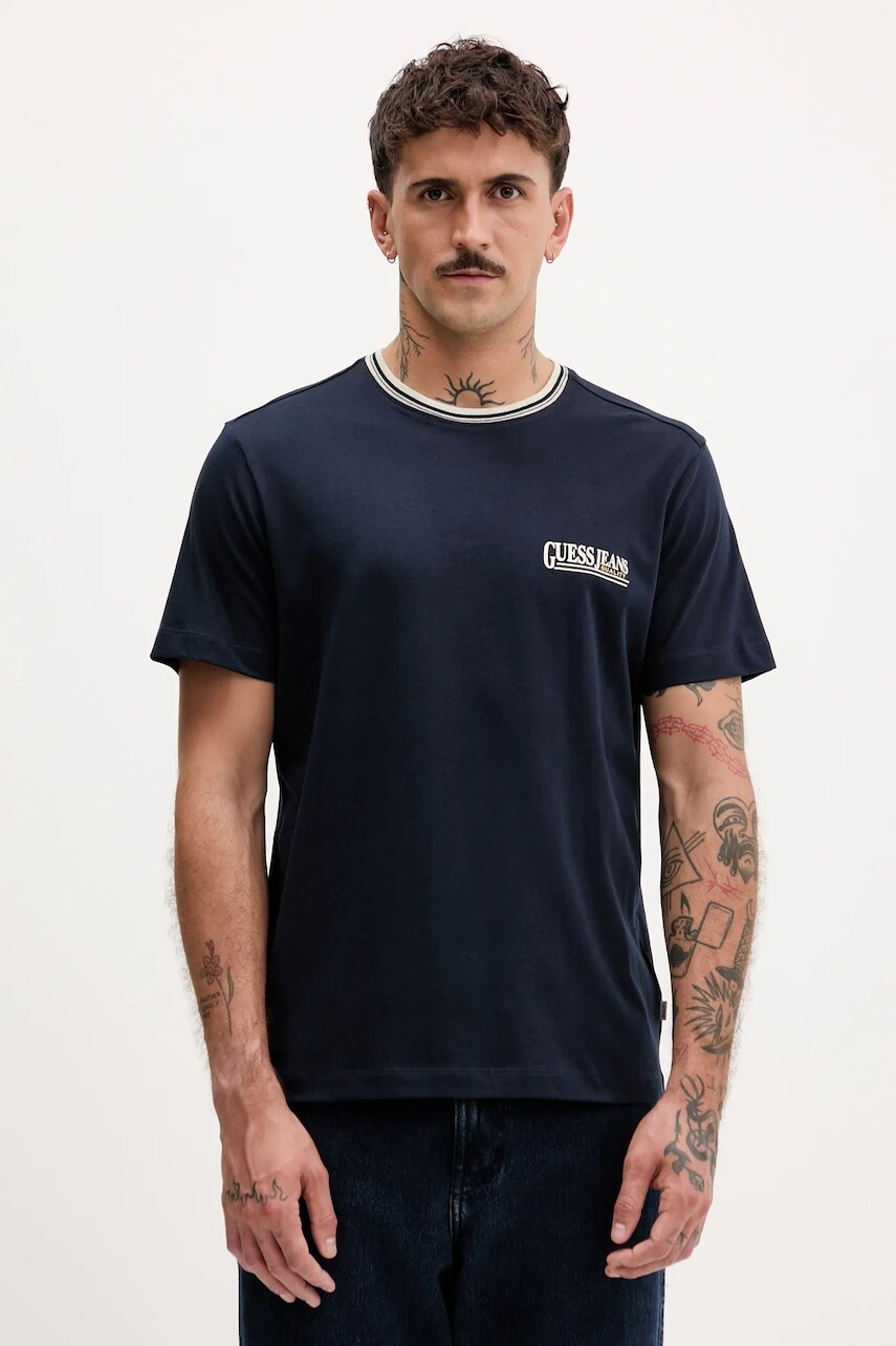 Bavlnené tričko Guess Jeans pánske, tmavomodrá farba, s potlačou, M5YI09 K8FQ4